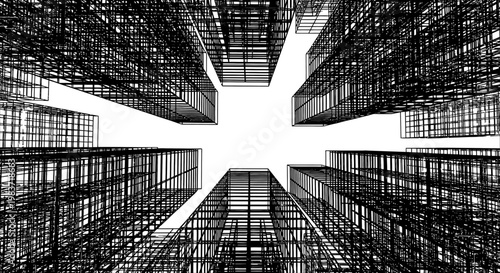 looking up at abstract geometric skyscrapers in a futuristic urban landscape