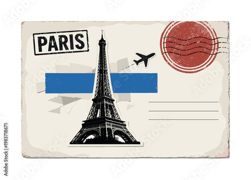 Black and white vintage postcard composition with realistic paper grain and worn edges, retro Paris stamp marked PARIS in bold typography, monochrome Eiffel