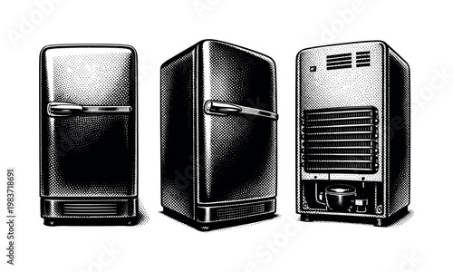 Refrigerator 1960s style ? mid-century refrigerator with boxy body softened by curved edges and horizontal chrome handle, represented in frontal view, angled