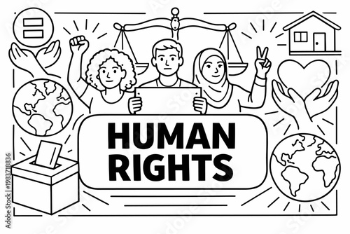 Social Issues Rights. Clean outline line art banner scene of a civic rights concept with diverse people, oversized justice scale and protest sign as the main