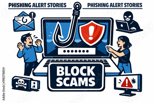 Phishing Alert Stories Phishing Alert Stories banner, two users reacting to an oversized phishing hook and giant laptop with warning shield and password screen