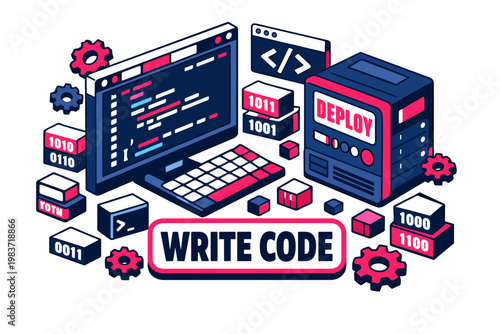 Programming Code Stack Programming Coding, clean focused isometric hero scene with one oversized code editor monitor and one large deploy server console, small