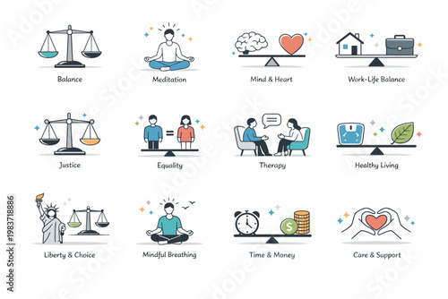 Balance Harmony Equality. Equity, wellness, meditation, justice, mental health and life equilibrium. minimalist editorial vector scenes: a scale icon shows