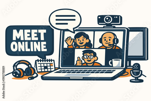 Video Conference Stories flat vector digital illustration, doodle flat, thick outline, expressive characters, simple shapes, playful proportions, exaggerated