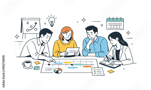 Business strategy workshop. Focused collaboration scene with professionals reviewing documents and timelines on a table, calm decision-making and structured