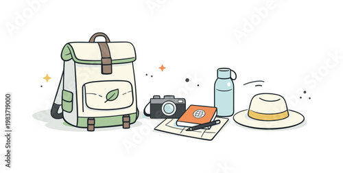 Minimal travel lifestyle. An eco backpack resting beside simple travel items in an uncluttered scene. The atmosphere reflects slow travel, intention, and low