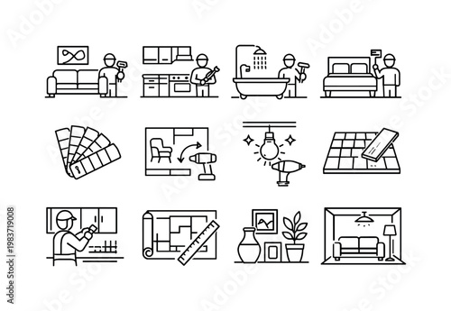 Interior Renovation. Line icon set of Interior Renovation: living room upgrade, kitchen renovation, bathroom remodel, bedroom makeover, wall color palette,
