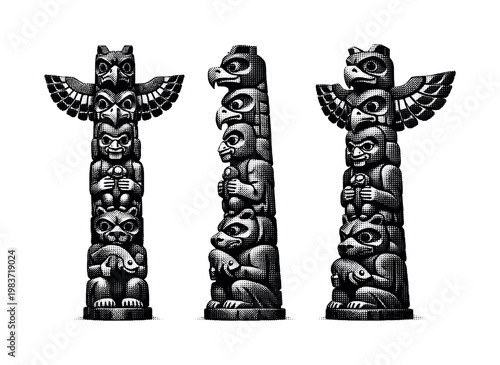 Totem pole. A traditional carved totem pole depicted as a single object presented in three different views showing stacked figures, vertical proportions, and