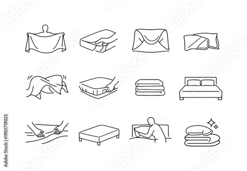 Refreshing Bedroom Routine. Minimalistic set one-line drawing person holding fresh sheet, mattress corner lifted, duvet cover opening wide, pillowcase halfway