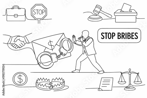 Corruption Anti Fraud. Clean one-line drawing banner scene of a whistleblower stopping an oversized money envelope and large handcuffs, with briefcase, stop