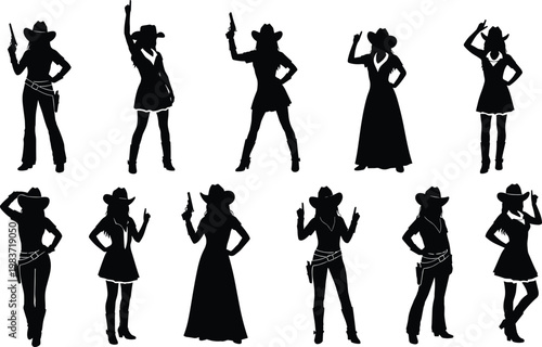 Cowgirl silhouettes, western hat figures, revolver poses, confident stances, boots and holsters, western attire art, cowboy culture illustration design