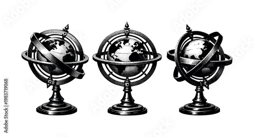 Globe ? armillary-style globe. An armillary-style globe with spherical core and surrounding rings presented as one isolated object displayed in three views to