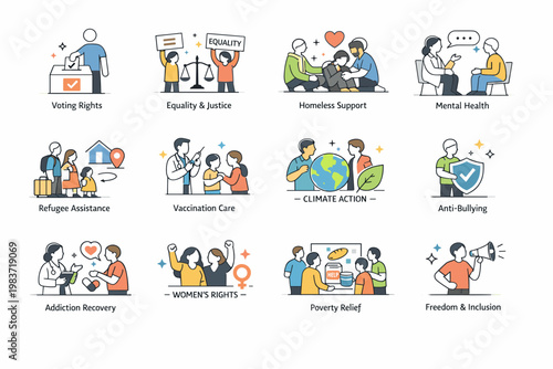 Waste Management Cycle. Clean outline banner scene of waste management and recycling: worker sorting trash at recycling station across full canvas, oversized