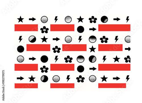 Minimalist seamless grid of small black and white vector icons ? stars, arrows, circles, lightning bolts and abstract flowers ? arranged in a precise modular