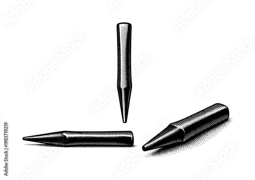 Forging tools pritchel punch shown as the same forged punch tool in vertical view, horizontal side view, and three-quarter view, isolated with realistic