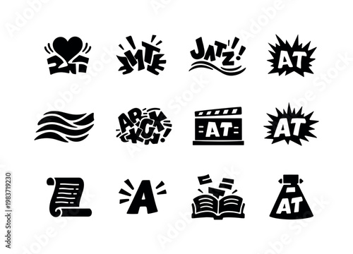 Expressive Type Motion. Solid icon set of expressive type motion: emotional typography, dramatic text motion, playful letters, aggressive type motion, calm