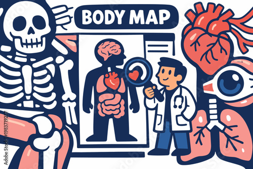 Human Anatomy Care Series flat vector digital illustration, doodle flat, thick outline, expressive characters, simple shapes, playful proportions, exaggerated