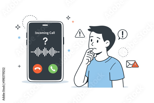 AI voice cloning scam phone call. A smartphone showing an incoming call with a voice waveform and question mark, while a person hesitates before answering.