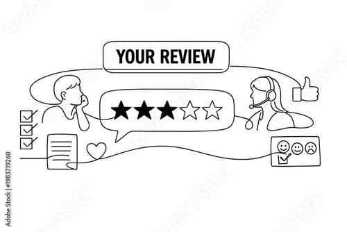 Feedback Review Series. Clean one-line drawing composition with an oversized chat bubble and large star rating panel stretching edge to edge, one customer