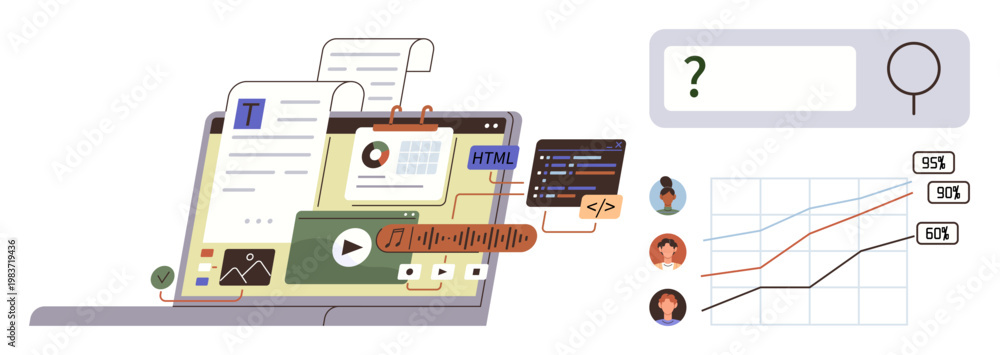 Fototapeta premium Web development, coding, analytics, data visualization, user experience, digital tools. A laptop screen displaying code, charts and graphics. Web development and analytics concept