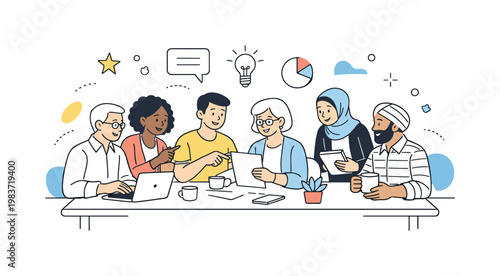 Office diversity and inclusion culture. Diverse team of employees working together at a shared table, different ages, genders, and backgrounds represented