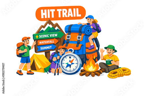 Hiking Trail Explorer Collection of flat vector icons showing backpack, mountain, trail sign, compass, tent, campfire, hiking boot, rope, flashlight, water
