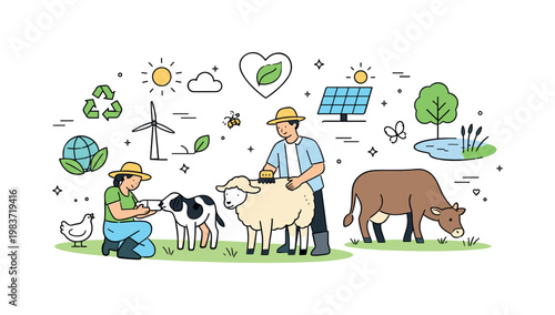 Sustainable livestock care. Farmers calmly tending animals in open pastures with nature-friendly symbols around. Ethical farming, balance with environment,