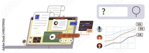 Web development, coding, analytics, data visualization, user experience, digital tools. A laptop screen displaying code, charts and graphics. Web development and analytics concept