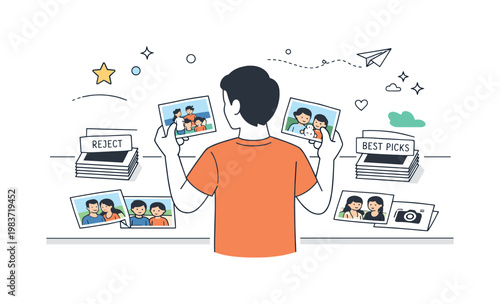 Choosing photo prints. A person stands at a clean counter comparing several family snapshots, carefully selecting the best ones for printing. Small labels,