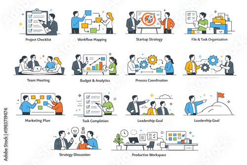 Project Management Workflow. Project management, planning, teamwork, startup strategy, business organization, marketing tasks, budgeting, and workflow control.