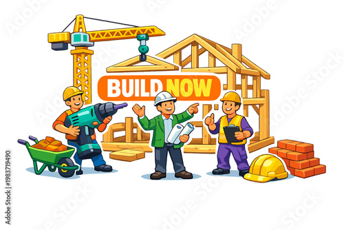 Construction Builder Work Set active building site scene with two builders and one engineer interacting with an oversized crane and giant house