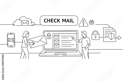 Email Communication Security. Clean one-line drawing banner scene of two coworkers interacting with an oversized email envelope and giant laptop inbox,