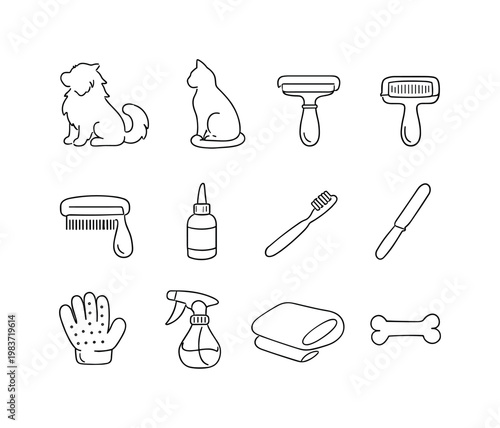 Dog & Cat Grooming Care. Minimalistic set one-line drawing fluffy dog silhouette, sitting cat silhouette, deshedding tool, slicker brush, flea comb, ear