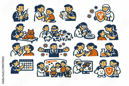 Immunization Care Stories flat vector digital illustration, doodle flat, thick outline, expressive characters, simple shapes, playful proportions, exaggerated
