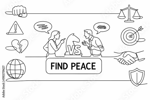 Conflict Resolution Tension. Clean one-line drawing banner scene of two people arguing beside an oversized versus symbol and large chess knight, with fist,