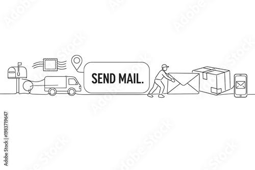 Postal Delivery Service. Clean one-line drawing banner scene of one courier moving an oversized envelope and giant parcel box, elements stretched across full