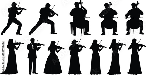 Musician silhouettes, violinist figures, cellist performers, classical orchestra art, string instrument design, concert illustration, elegant posture concept