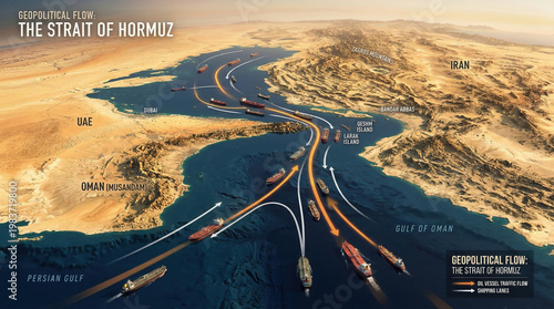 Infographic map of the Strait of Hormuz showing shipping lanes. Geopolitical flow of oil tankers and cargo vessels. Global trade and energy security concept