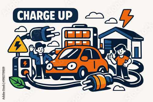 Electric Charging Stories flat vector digital illustration, doodle flat, thick outline, expressive characters, simple shapes, playful proportions, exaggerated