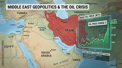 Middle East map highlighting Iran with crude oil price surge graph. Geopolitics and global energy crisis concept showing inflation and supply disruption. Infographic illustration of market impact