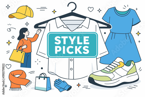 Clothing Fashion Essentials. Clothes, apparel, casual wear, fashion shopping, homewear and activewear. minimalist editorial vector scenes: a shopper chooses a