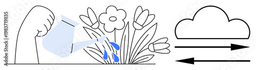 Nature sustainability, environmental care, gardening, air quality, climate change, eco-friendly actions. A hand waters flowers cloud and arrows show airflow. Environmental care and nature