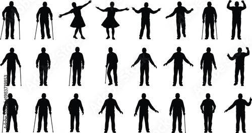Standing posture silhouettes, diverse human figures, walking stick icons, gesture poses, everyday stance art, minimalist movement illustration design