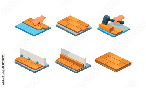 FloorLayingProcess. Isometric flat vector icons set of floor laying process: first row plank placement, staggered plank pattern, tapping block usage, expansion
