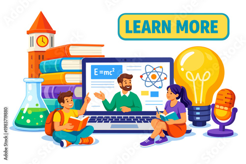 Education Knowledge Growth Pack inspiring study scene with two students and one mentor interacting with an oversized light bulb and giant laptop lesson board,