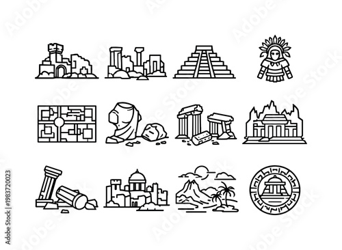 Lost Civilizations. Line icon set of Lost Civilizations: abandoned ancient city, forgotten ruins, lost pyramid outline, vanished culture symbol, ancient city