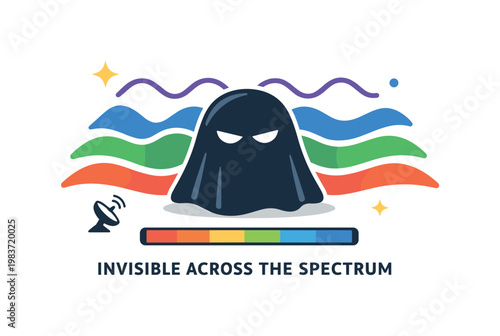 Electromagnetic spectrum highlights how invisibility depends on more than visible light, using a compact scene with layered waves, a masked object, and a