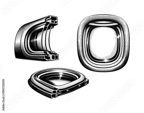 Airplane window cross-section form. A realistic airplane window shown as one object in three different views, focusing on layered construction, pane