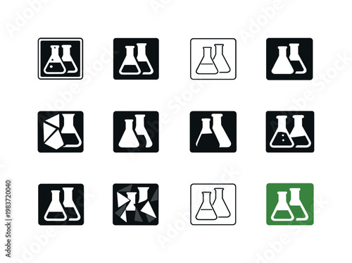 Chemistry. Icon set. Set Logo of Chemistry: periodic table tile. harmonious logo variations of the same emblematic concept, each with different artistic