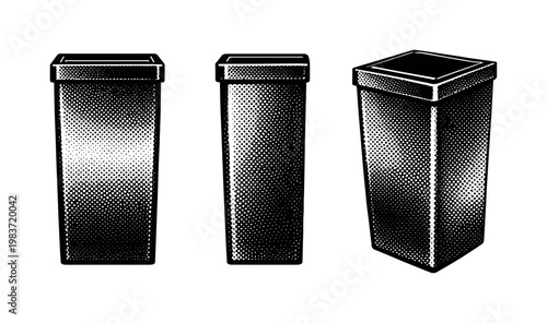 Trash bin rectangular A realistic rectangular trash bin with flat panels and sharp edges shown in three views: front view, side profile, and angled